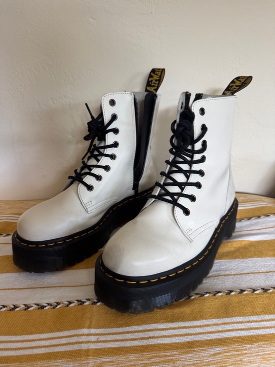 Dr. Martens Shoes - Dr. Martens White Platform Combat Boots with Black Laces